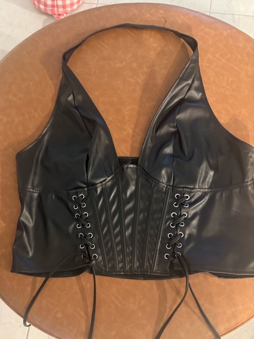 Sexy Black Faux Leather Halter Corset Top 3XL